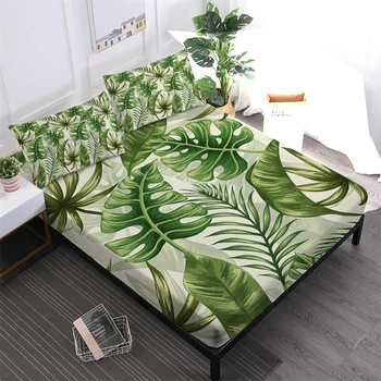 

Green Leaves Print Bedding Set Tropical Plant Painted Fitted Sheet King Queen Bed Linens Pillowcase Mattress Cover Home Textile