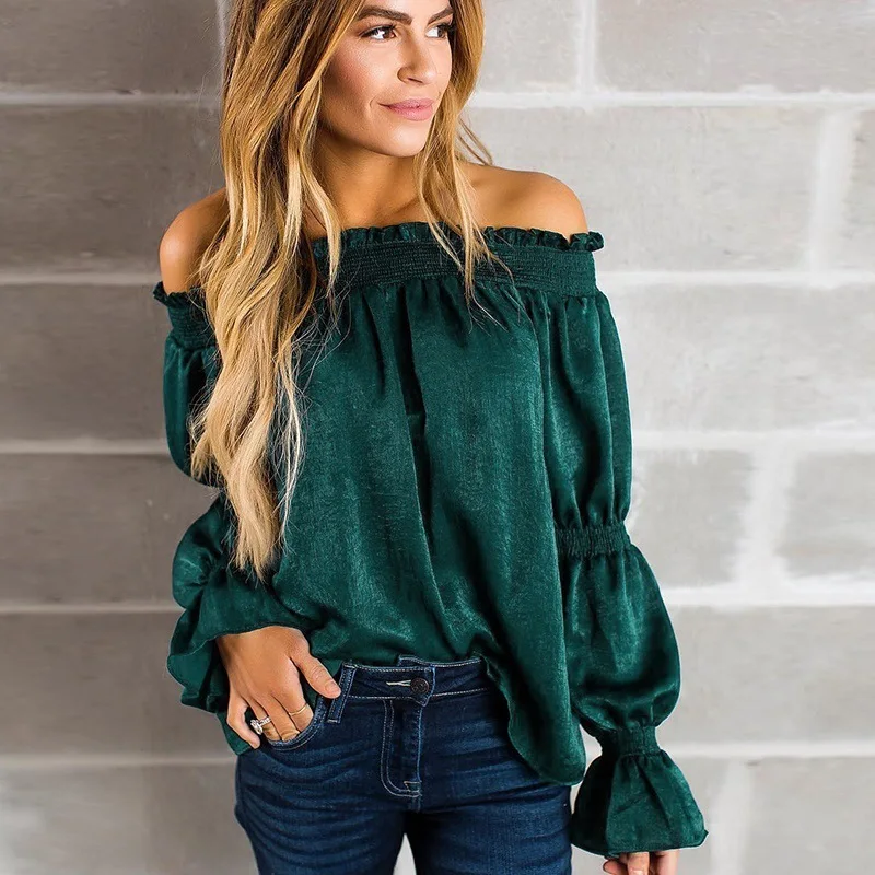 

Women Slash Neck Velvet Blouse Cold Shoulder Green Tops Sexy Strapless Fashion Long Lantern Sleeve Shirt Blusa Bordada ez*