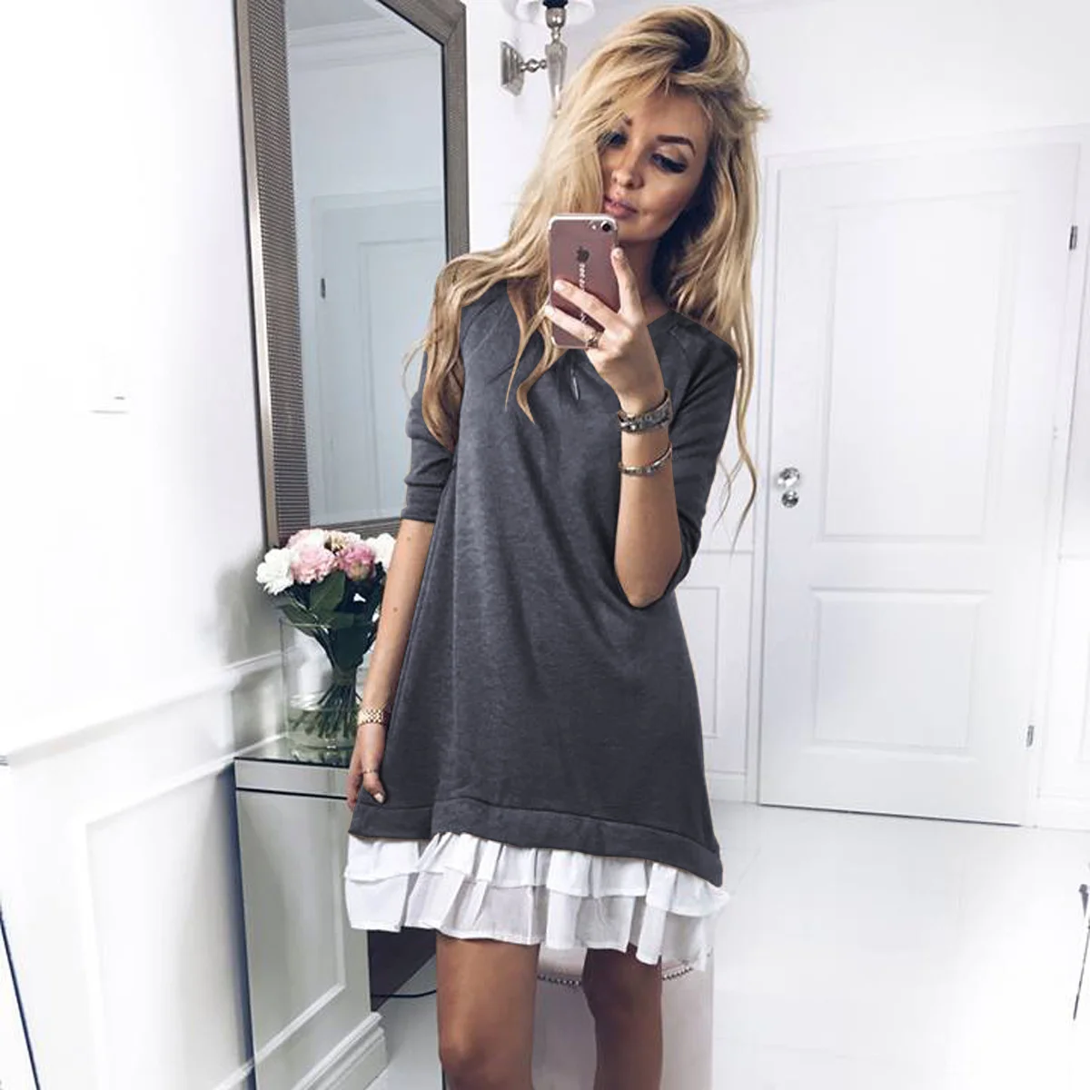 

VITIANA Women Short Office Casual Loose Shirt Dress Female 2018 Spring Long Sleeve Ruffles Patchwork Elegant Party Dresses