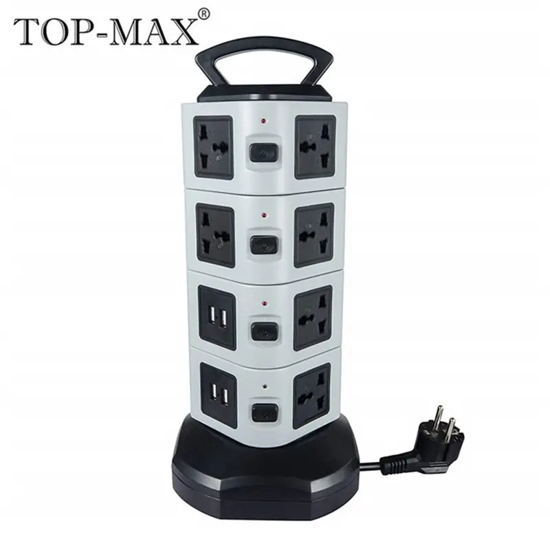 

TOP-MAX 4-Layer Extension Socket 14 Outlets 4 USB Ports EU-Plug 2M Cable Vertical Socket Strip Socket With Overload Protector