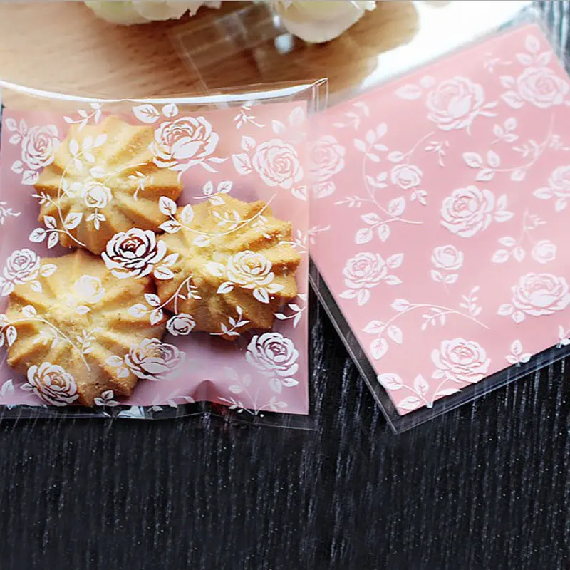 

25 pcs/lot 8 X 8 +3 cm Pink rose flower adhesive bag cookies Gift Bags for Christmas Wedding Party Candy Food Packaging bags