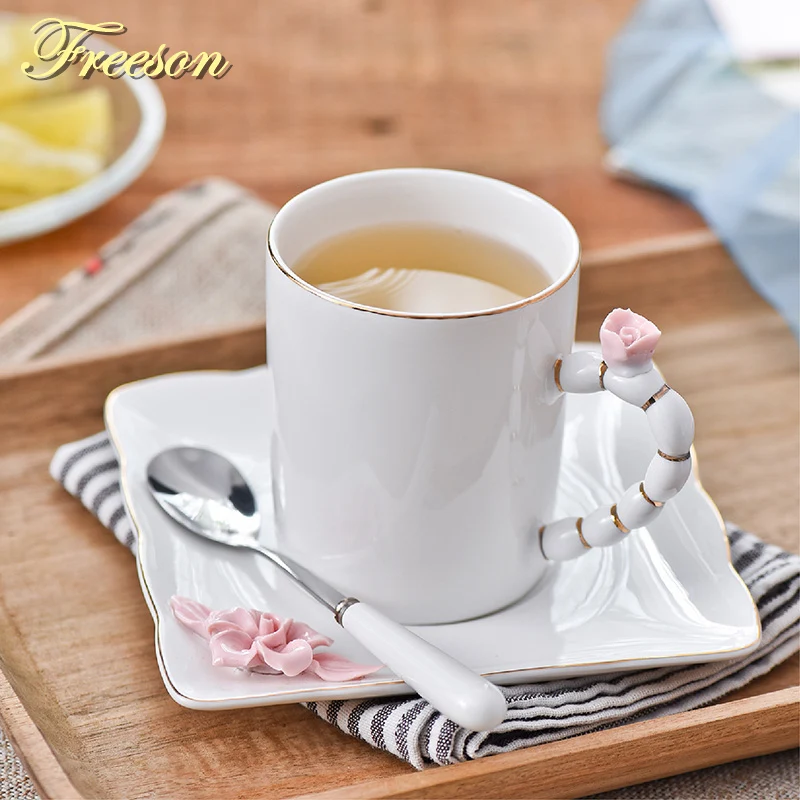 

British Pink Flower Bone China Coffee Cup Saucer Spoon Set 200ml Ceramic Teacup Europe Porcelain Tea Cup Cafe Lady Drinkware