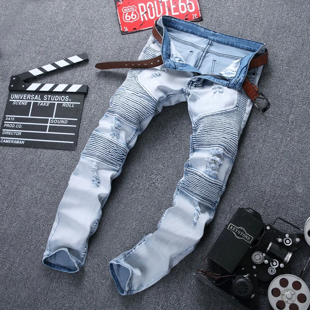 Узкие мужские джинсы потертые тонкие эластичные джинсы деним байкерские джинсы хип-хоп штаны потертые рваные джинсы размера плюс 28-42, YA558