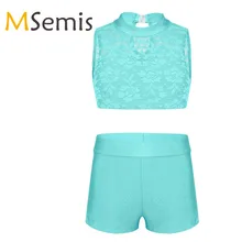 Детский купальный костюм из 2 предметов для девочек, для гимнастики, балета, укороченный топ с шортами для танцев, комплект спортивной одежды цветочный кружевной топ на бретелях для тренировок