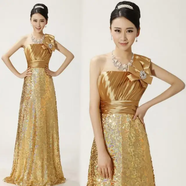 Ladies One Shoulder Gold Color Glitter Lace Formal Long Evening Dinner ...