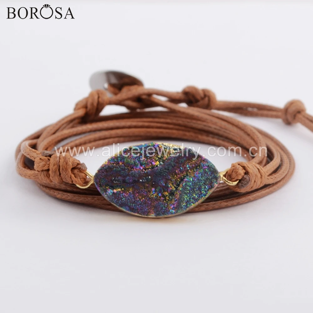 Conector de Quartzo Cor de Ouro Borosa Corda Pulseira Oval Rainbow Titânio Natural Galaxy Mulheres Envoltório Jóias Hd0022 5 Pcs