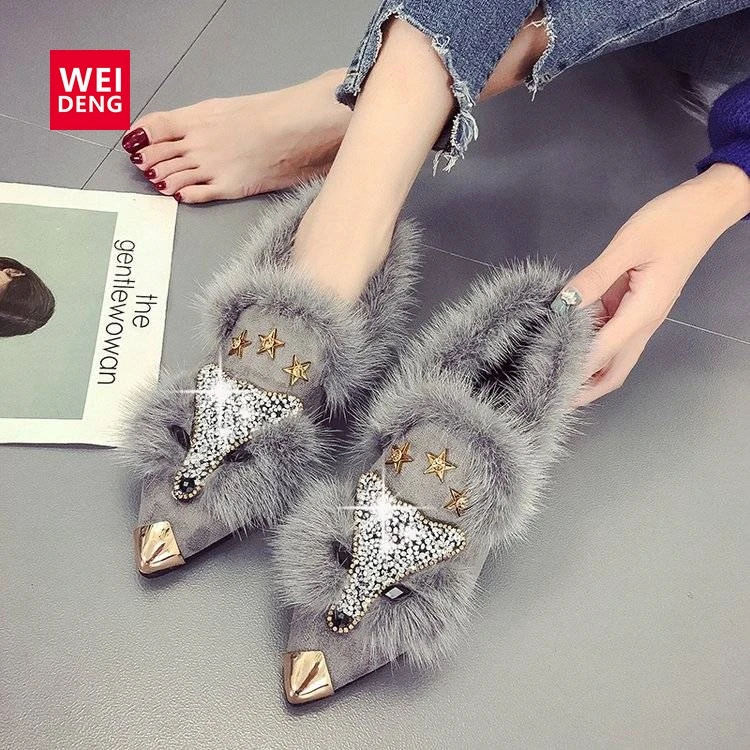Weideng Ins/уличные модные стильные меховые тапочки с лисьим носком женские пикантные