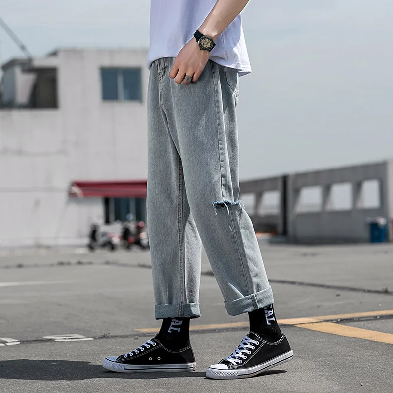 Spring Summer 2019 Fashion Man Straight Jean Men Ripped Holes Denim Pant Loose Falling Male Skateboard 5
