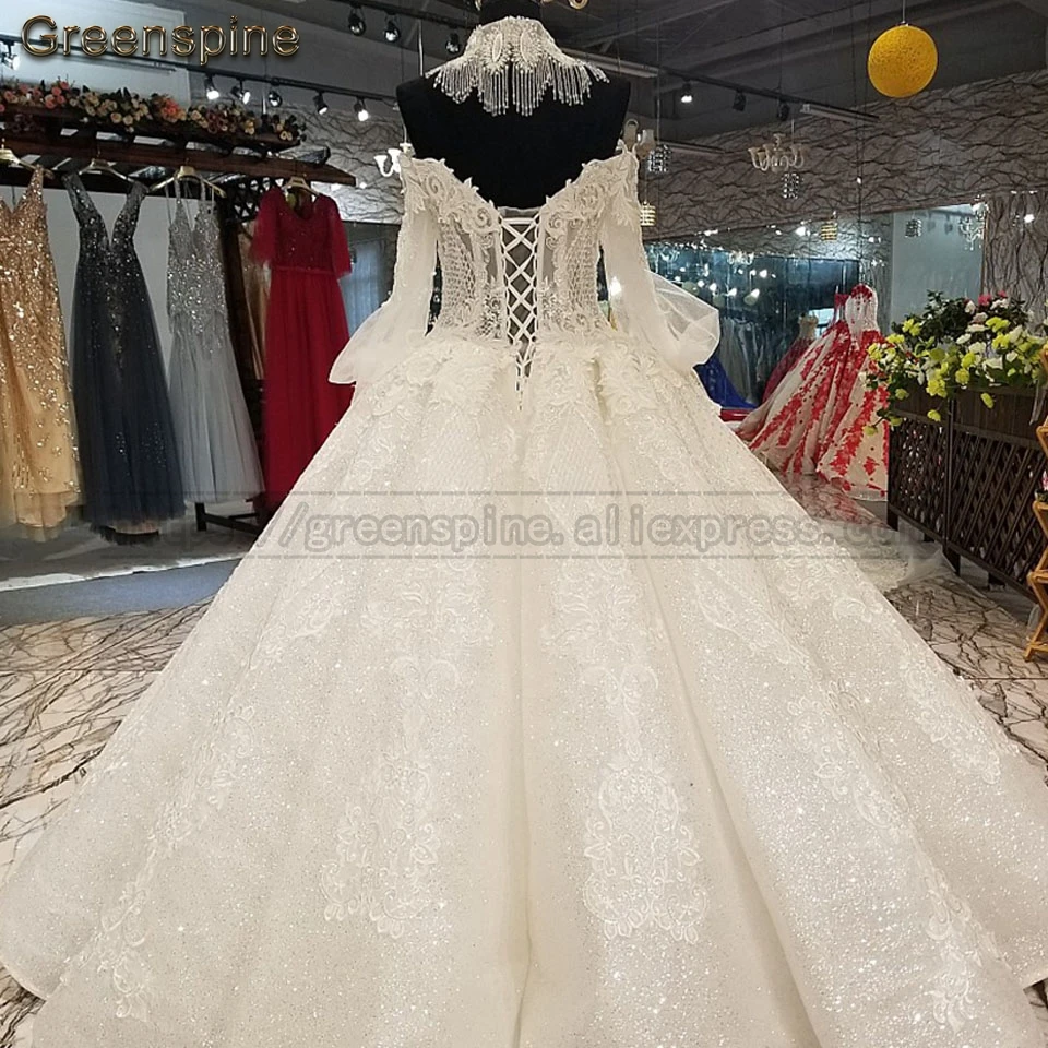 Greenspine Vestidos De Novia блестящее свадебное платье с длинным рукавом, свадебные платья с декольте, длиной до пола, на заказ