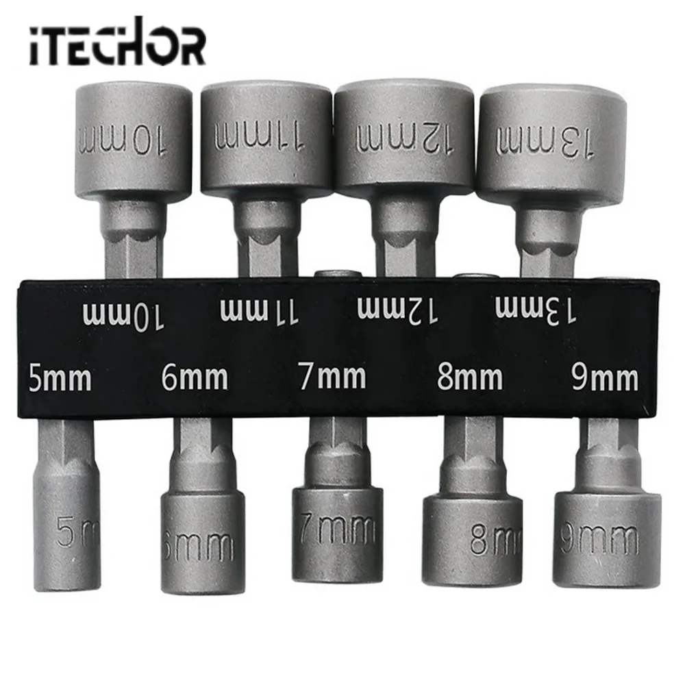 iTECHOR 9Pcs Tools Set 5-13MM Nut Driver Hexagonal Handle Sleeve Socket Hex Shank Kit - Silver Grey For Home Use Hot | Инструменты