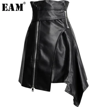 

[EAM] 2020 New Spring Summer PU Leather High Waist Sashes Spliced Irregular Half-body Temperament Skirt Women Fashion JY506