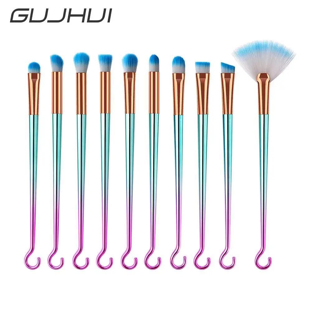 GUIHUI 10Pcs Gradient Colored Wooden Handle Powder Blusher Makeup Brush