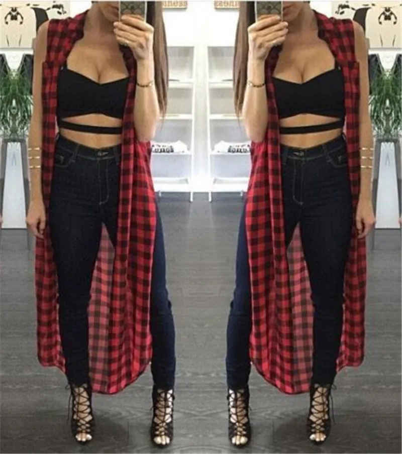 

New Fashion Women Plaid Cardigan Casual Robe Cover Up Sleeveless Red And Black Line England Plaid Casual Tops
