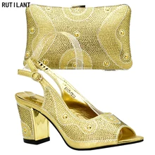 Итальянская обувь золотистого цвета с сумочкой в комплекте; Высококачественный комплект из свадебной обуви и сумочки в нигерийском стиле; свадебные туфли и сумочка в африканском стиле