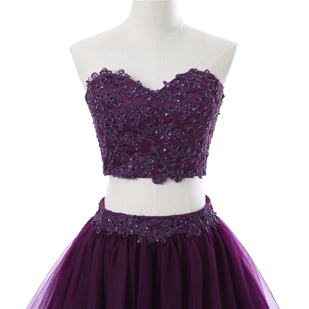 Фиолетовый 2019 Homecoming платья A-Line Милая Короткие Мини Тюль Кружева бисером открытой спиной две части Элегантные коктейльные платья