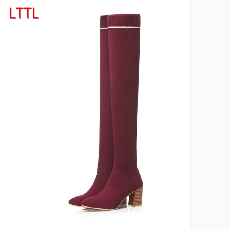 

Stretch Wool Knitted Over The Knee Boots Med Chunky Heel Long Boots Slip On Sock Booties For Women
