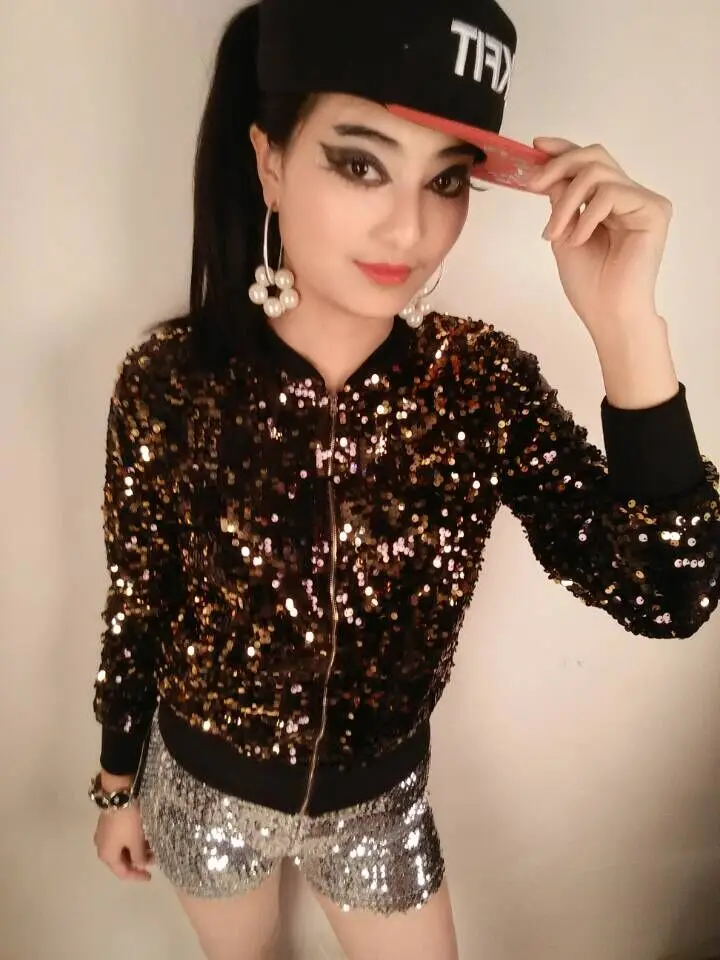 New Gold Sequined Jazz Jacket Long Sleeve Zip Coat Club Dance Costume