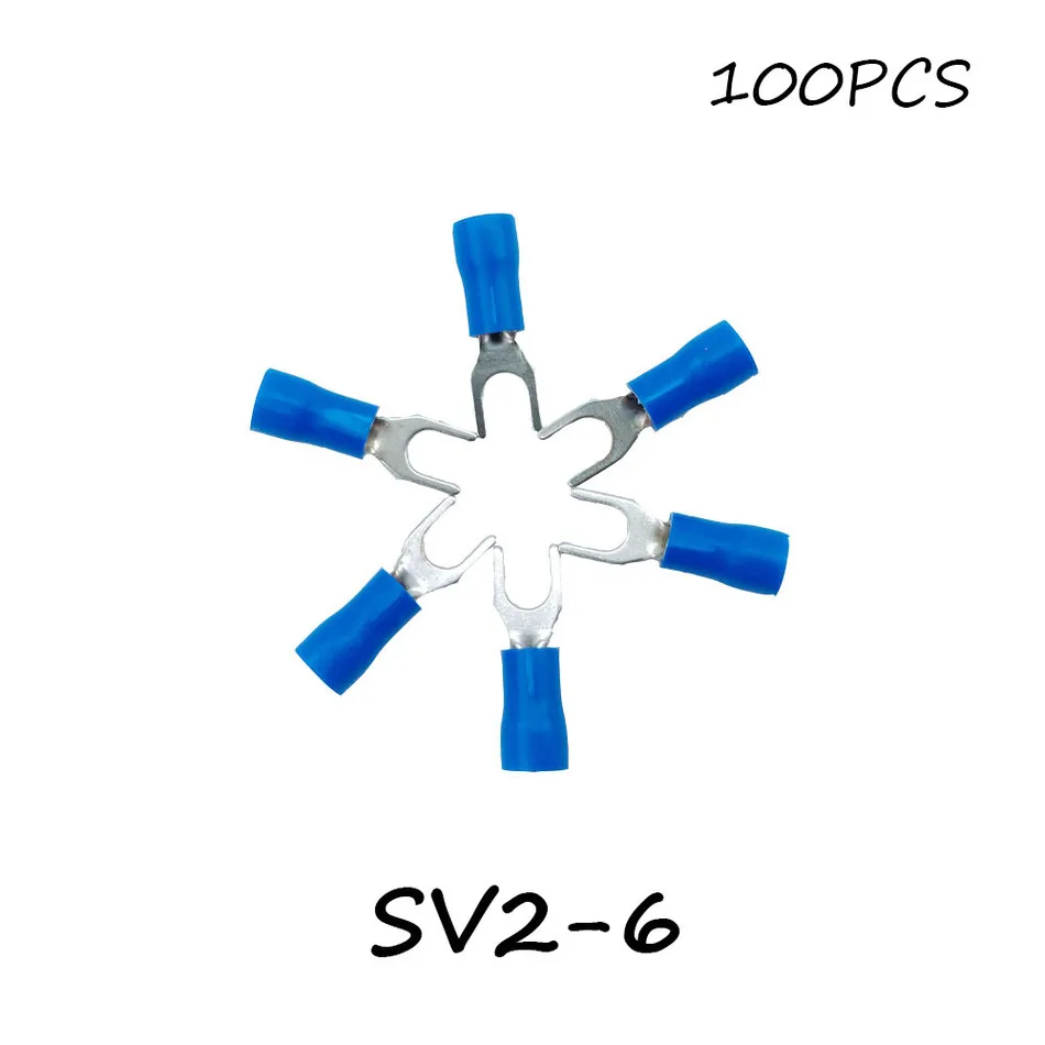 SV2-6 100 шт./упак. синий изолированный вилочный клеммный блок соединитель Электрический Furcate предварительно Изолированный конец вилка обжимной кабель провода