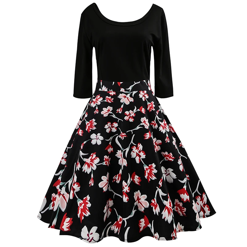 Осенне-зимнее платье женское Хепберн 50 s 60 s винтажное платье с цветочным принтом 3/4 рукав Элегантные вечерние платья плюс размер Jurken