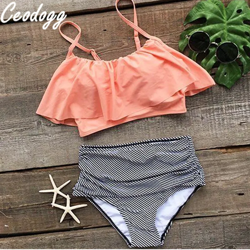 CEODOGG 2018 Bikinis Women Swimwear High Waist Swimsuit Halter Sexy Bikini Set Retro Bathing Suits Plus Size XXL CB128 |