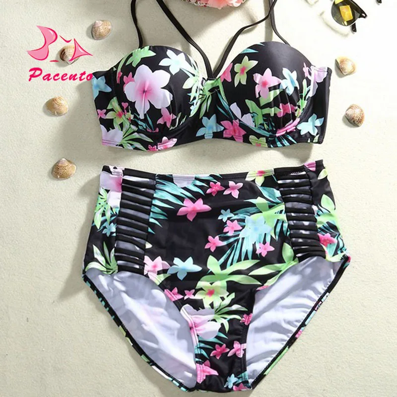 Halter Swimwear Women 2018 Plus Size 3XL Brazilian Print Bikinis Mujer Push Up Swimsuit Female High Waist Big Size 4XL Beachwear