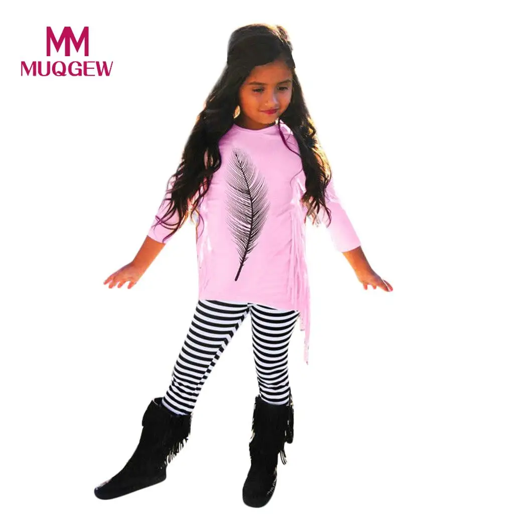 MUQGEW Fashion Toddler Baby Girls Long Sleeve Tassel Feather Print Tops