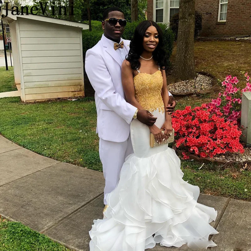 JaneVini Wit En Goud Applicaties Prom Dresses Zwarte Meisjes Mermaid Lange Avond Party Jurken Ruches Rok Vestidos Compridos 2019 JaneVini Wit En Goud Applicaties Prom Dresses Zwarte Meisjes Mermaid Lange Avond Party Jurken Ruches Rok Vestidos Compridos 2019