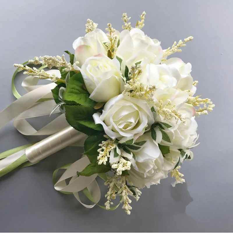 Свадьба в стиле кантри букеты Искусственные цветы 18 белые розы пшеницы уши Свадебные вечерние аксессуары с лентой новое поступление