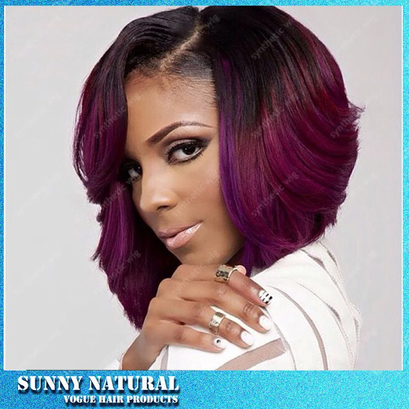Two Tone Ombre Black Purple Synthetic Lace Front Heat Resistant