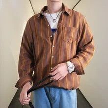 New Pattern 2018 Spring Succinct Casaul Freshness Lapel Routine Male Long Sleeve Stripe Loose Fashion Youth School Shirt Men fashion easy matched stripe pattern shirt