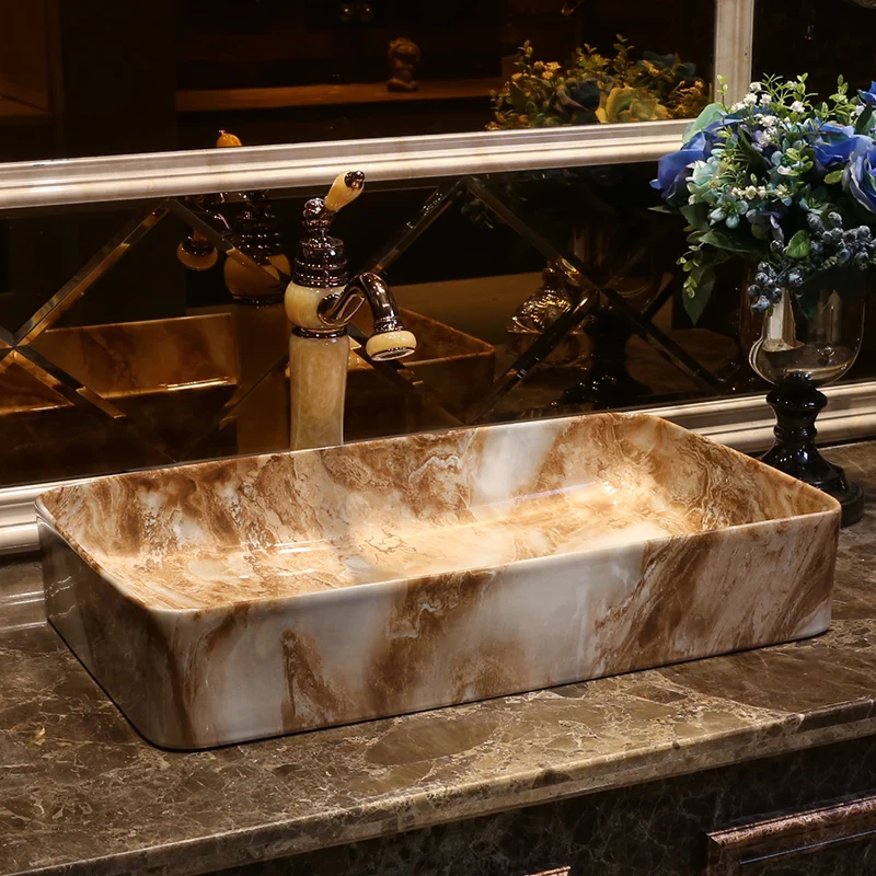 Rectangular China Artistic Europe Style Counter Top porcelain wash basin bathroom sinks ceramic art bathroom wash basin (7)