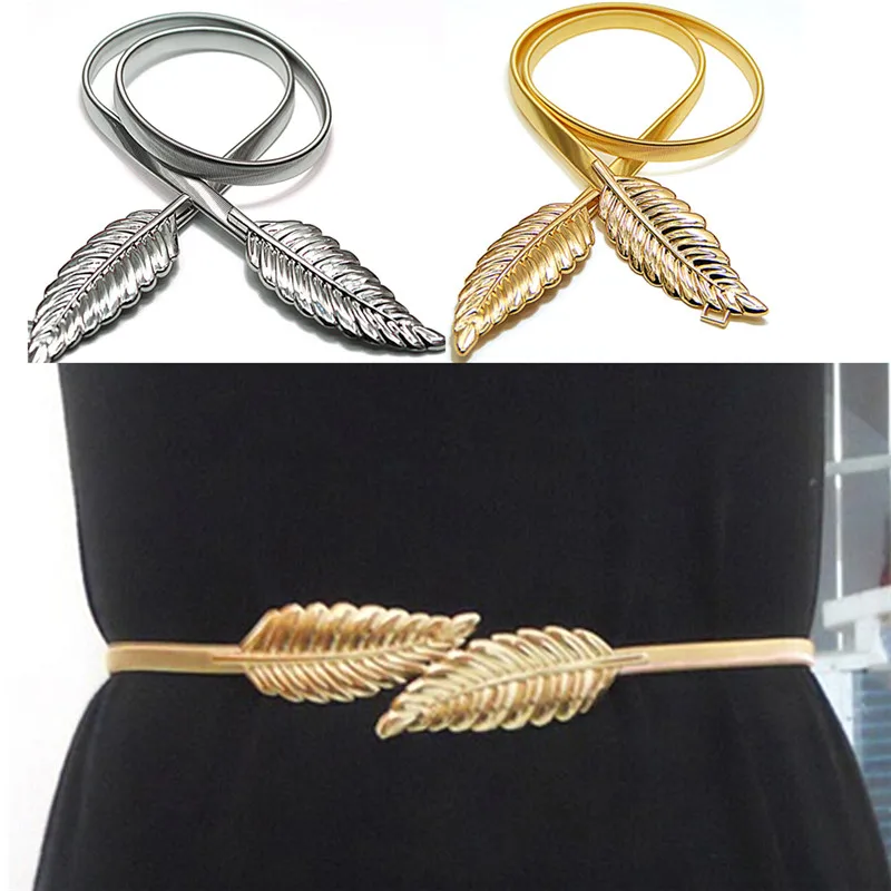 Leaf Design Belt Women Metal Leaves Cummerbund Clasp Front Stretch