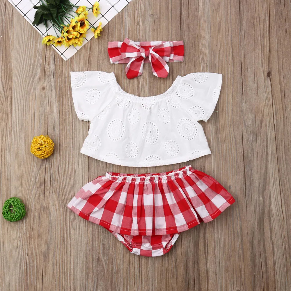 best Baby Clothing Set 0-24M 3pcs Baby Girls Clothes Set Solid White Off Shoulder Shirt Tops Red Plaid Skirts Girls Hairband Kids Set Baby Girl Outfits Baby Clothing Set luxury