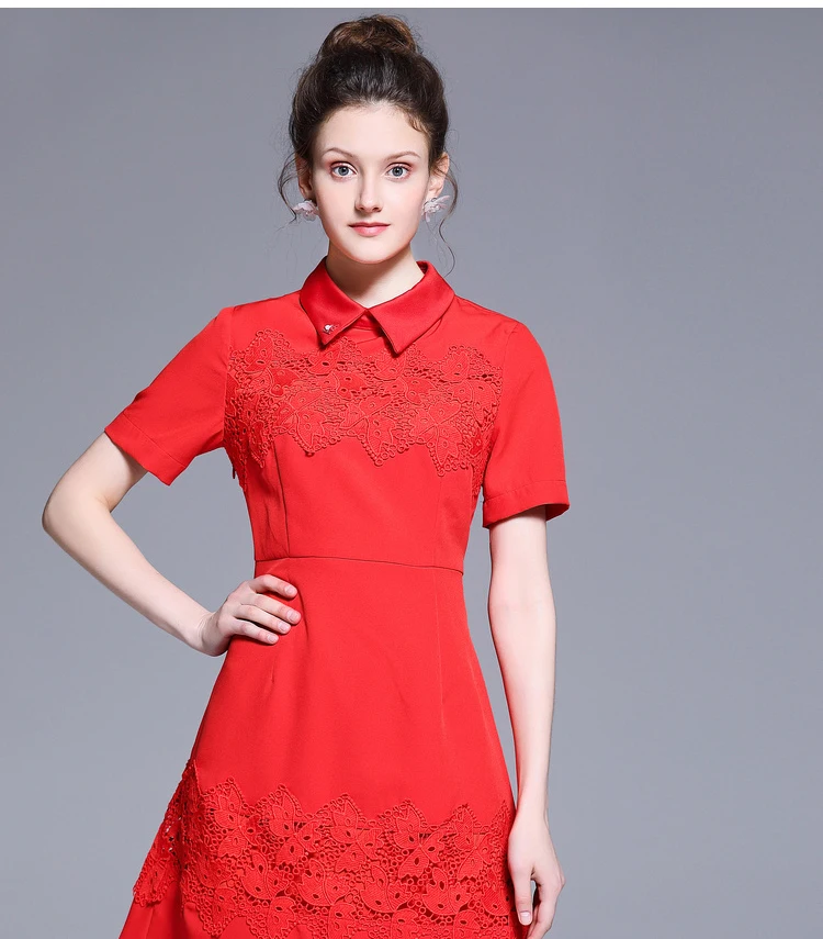 AOFULI L~ 4XL 5XL Женские кружевные лоскутные летние платья Новая мода короткий рукав тонкая талия красное платье Повседневная одежда A3904