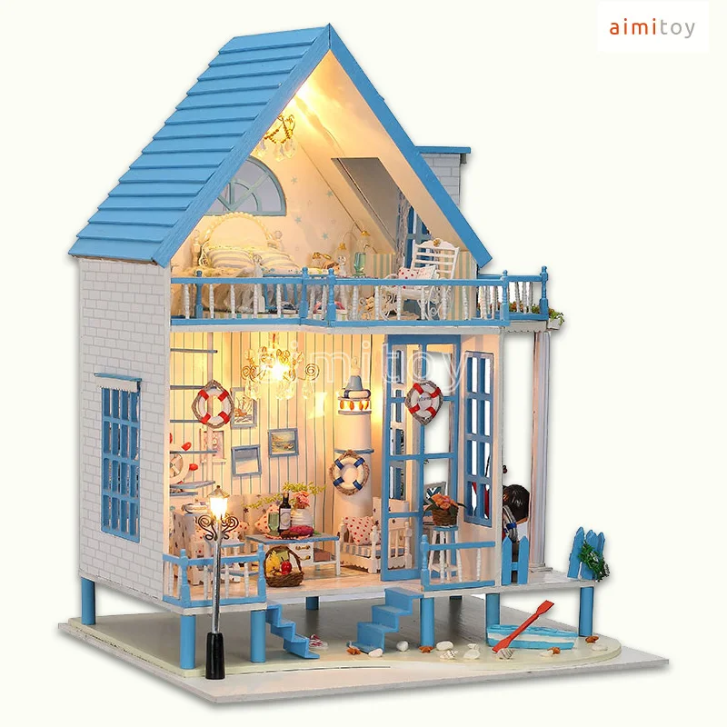 A38 Big Wood Doll House, Blue Beach House w/ All Furnitures, DIY Kits