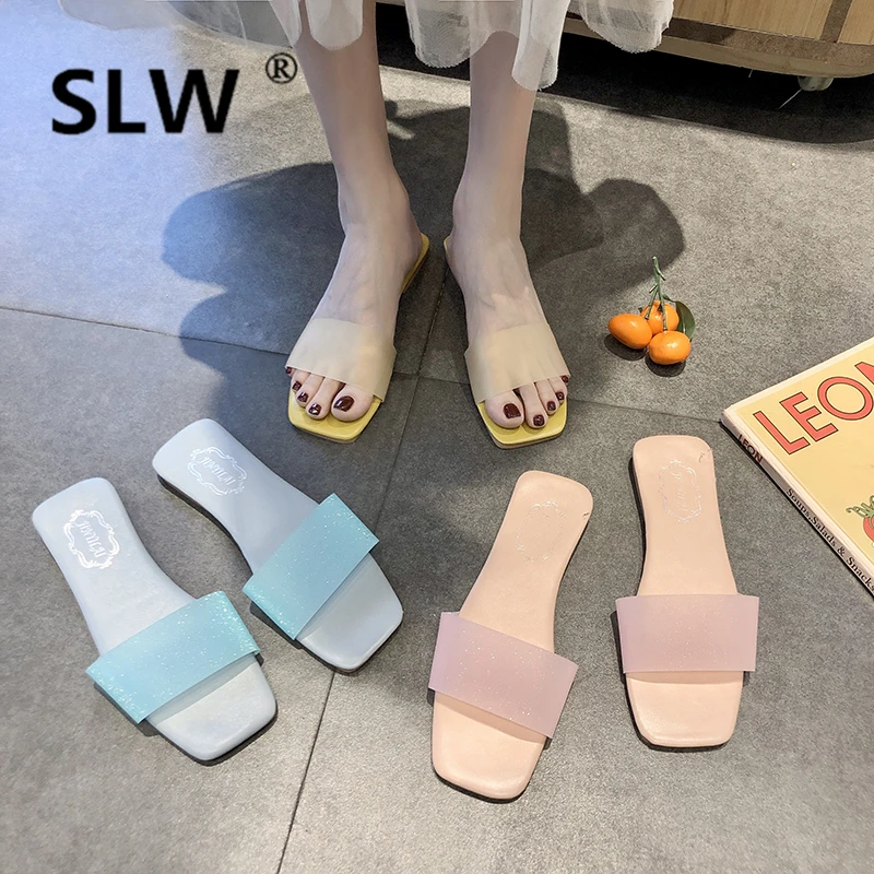 

Women's Slippers 2019 Ladies Flip Flops Woman Shoes Luxury Low Transparent Heel Slides Heeled Mules New Flip-flops Designer