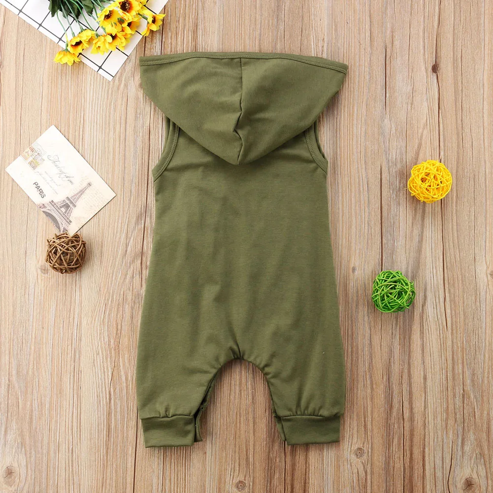Армейский зеленый комбинезон без рукавов с капюшоном для новорожденных мальчиков и девочек, свободные наряды, модная детская одежда