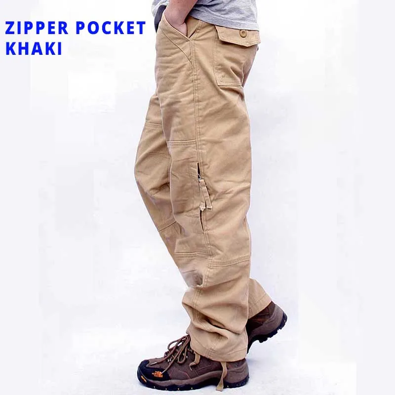 Zipper Pocket Khaki Новые модные брюки карго мужские повседневные Свободные мешковатые хлопковые брюки военный стиль камуфляжные брюки мужская одежда - Цвет: Zipper Pocket Khaki