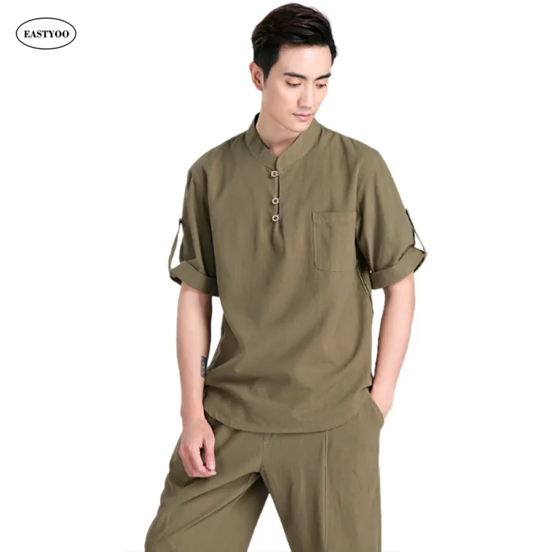 Loose Linen Shirt Men Summer 2017 Army Green Casual Shirts Plus Size 3XL Tai Chi Clothing Linen