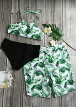 2019 Lovers De Bain Homme Couple Swimsuit Women Bikini Set Leaf Print Swimwear Bathing Suit Beach Board Shorts Men Swim Trunks цена 2019 Lovers De Bain Homme Couple Swimsuit Women Bikini Set Leaf Print Swimwear Bathing Suit Beach Board Shorts Men Swim Trunks цены онлайн
