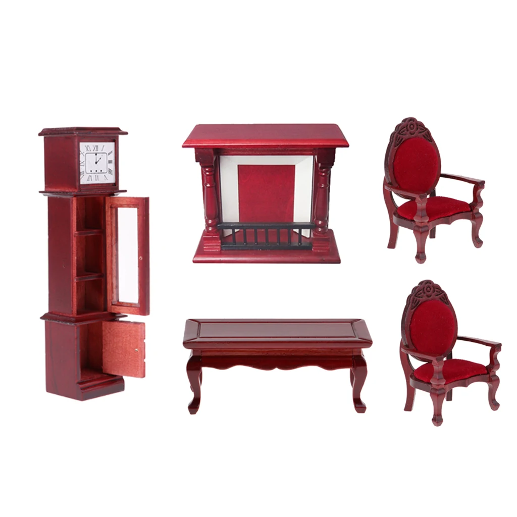 MagiDeal 5pieces 1:12 Dollhouse Wood Table Chair Floor Clock & Fireplace Set