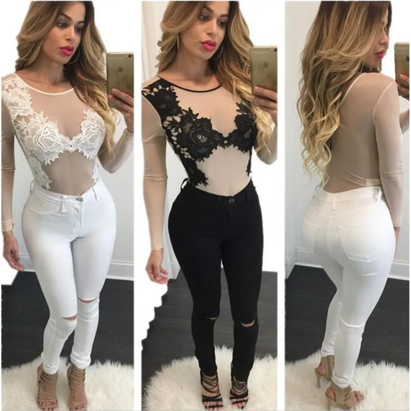 Womens Floral Full Mesh Lace Long Sleeves Ladies Leotard Bodysuit T Shirt Top