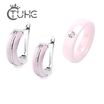 

Pink Ceramic Earrings Rings Sets For Women Paved Clear CZ Cubic Zirconia Ear Earrings Crystal Rings Women Fashion Jewelry Gift