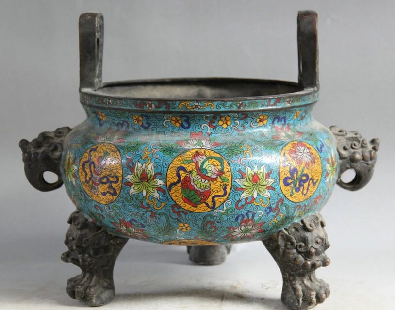 

Collectible bronze S1505 16" Marked Chinese Cloisonne Bronze Lion Beast Head handle Incense Burner Censer