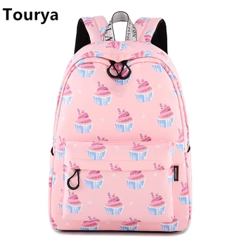 

Tourya Cute Waterproof Women Backpack Pink Cake Pattern Printing School Bag Travel Knapsack Girls Laptop Bagpack Bookbag Mochila