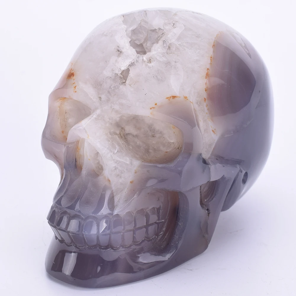 

4.7 ''Natural Agate Geode Carved Realistic Quartz Crystal Skull Statue Healing Stone Craft Sculpture Home Decor Art Collection