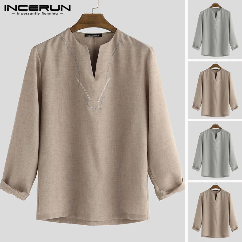 

INCERUN Long-Sleeved European American Men Shirts Solid Color Small Fresh 2019 V-neck Printed Literary Leisure Street Chic Shirt