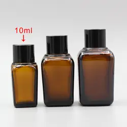 Мини 10 мм Янтарное стекло косметические эфирные масла бутылка с золотом/серебро/черный колпачок, 10 мл стеклянная бутылка квадратной формы