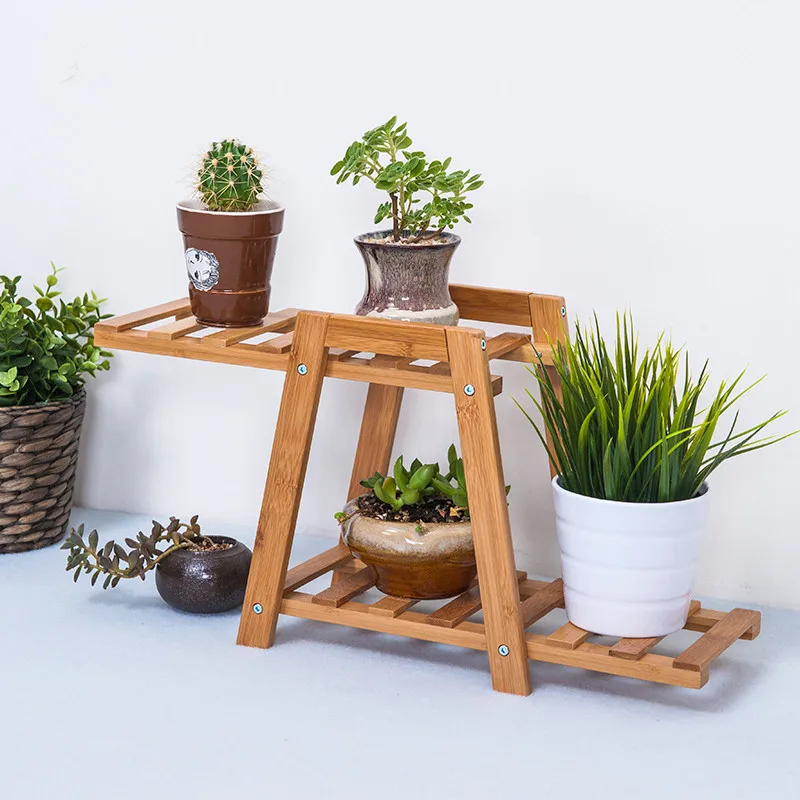 Bamboo Indoor Flower Pot Holders Creative Uneven Floor Typle Double
Layer Storage Rack Eco Natural Balcony/Living Room Decor