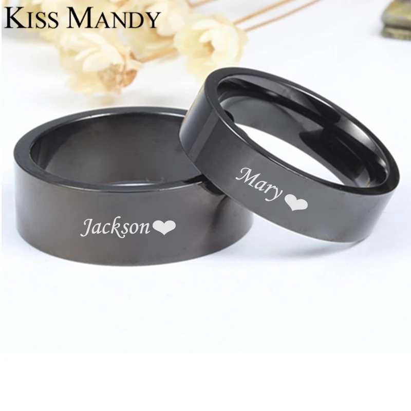 KISS MANDY Personalized Black Couple Rings Stainless Steel Finger Rings for Lover Gift Fashion Anniversary Wedding Jewelry KR86